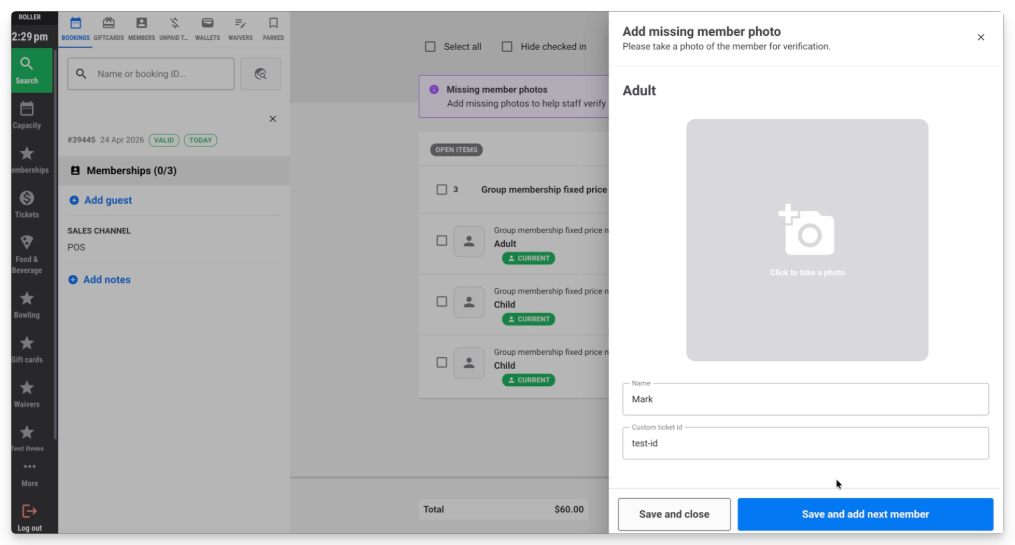 Interface for adding a member photo and details in a booking system.
